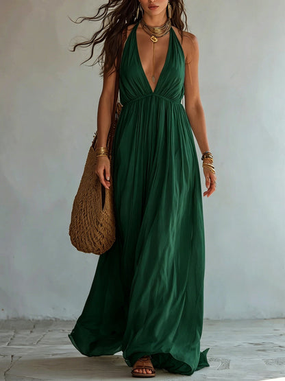 Robe longue en mousseline fluide avec col licou, décolleté en V profond et taille empire froncée