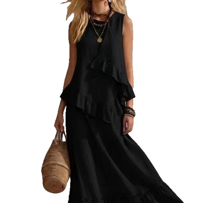 Robe longue texturée sans manches à volants asymétriques, robe longue d'été ample et fluide
