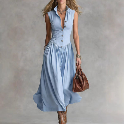 Robe Longue Slim Chic Style Déesse Française avec Col Revers et Sans Manches pour Femme