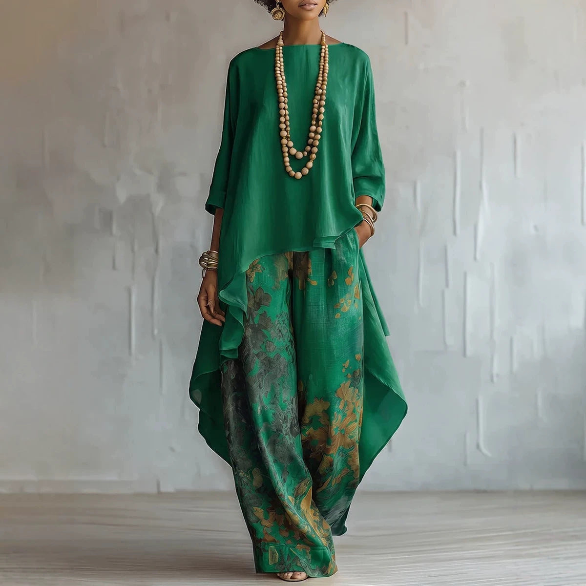 Ensemble deux pièces asymétrique en mélange de lin et pantalon large à imprimé floral pour femme