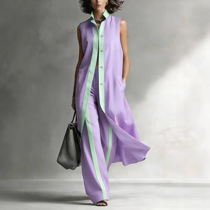 Ensemble Tunique sans Manches Contraste et Pantalon Large Jambe Sophistication Moderne, Style Ajusté Sans Effort