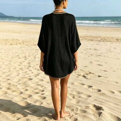 Mini-robe tunique de plage ample à manches chauve-souris, décolleté en V profond et ourlet asymétrique