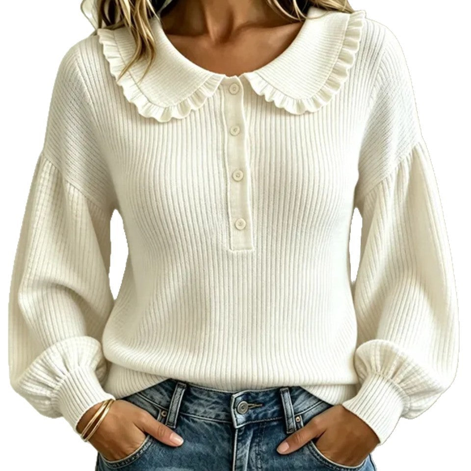 Pull en tricot côtelé à col volanté pour femme