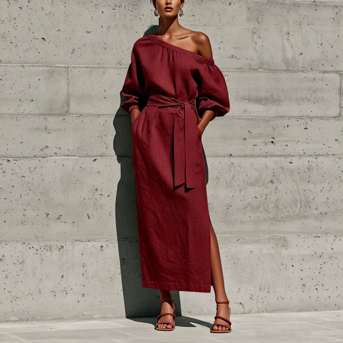 Robe Midi en Lin à Une Épaule Manches Bouffantes Taille Nouée et Fente Latérale