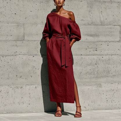 Robe Midi en Lin à Une Épaule Manches Bouffantes Taille Nouée et Fente Latérale