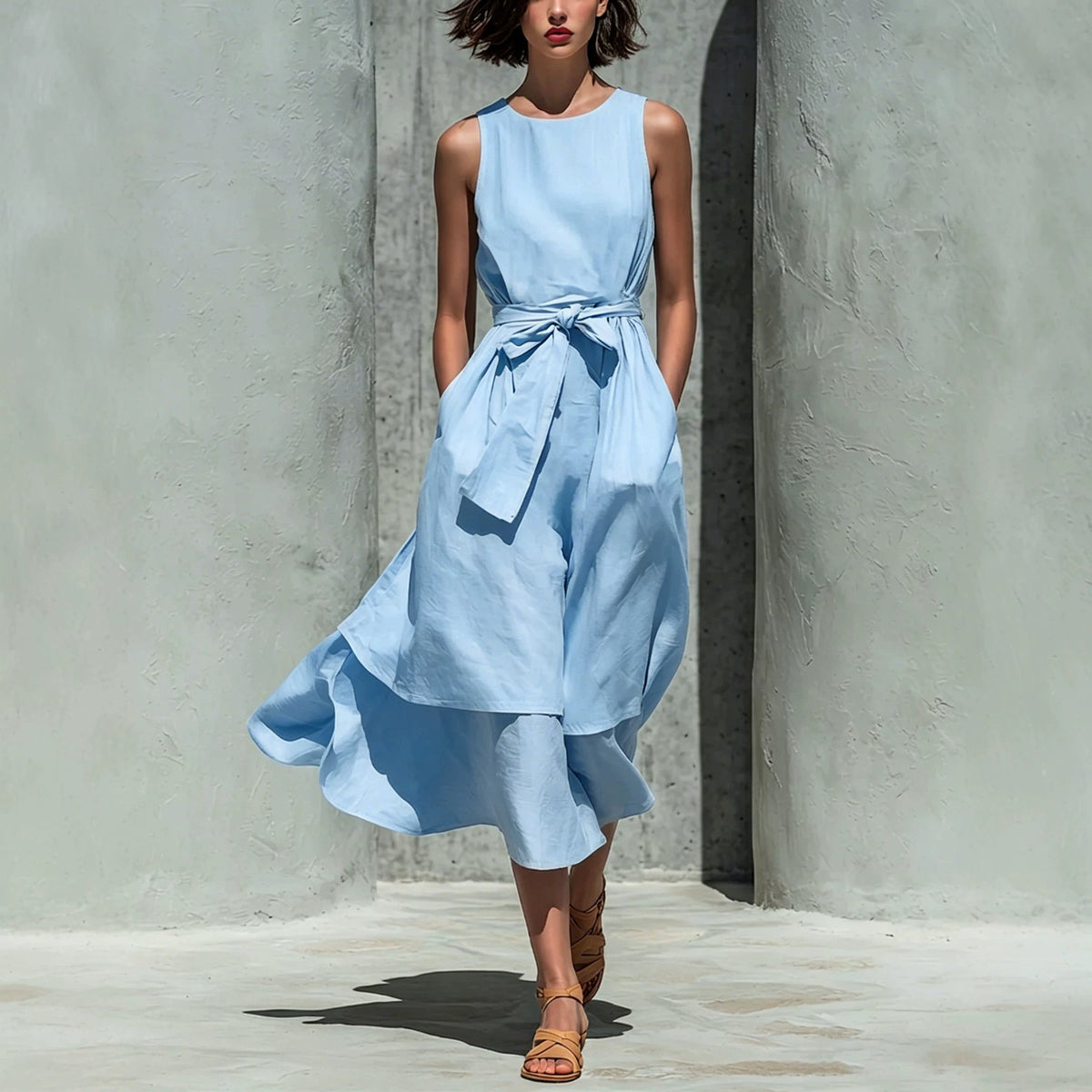 Robe midi en lin superposée sans manches avec lien à la taille