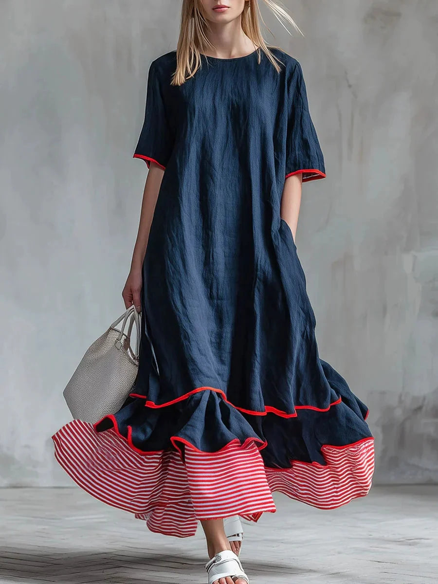 Robe longue ample en lin à rayures passepoilées et ourlet à volants