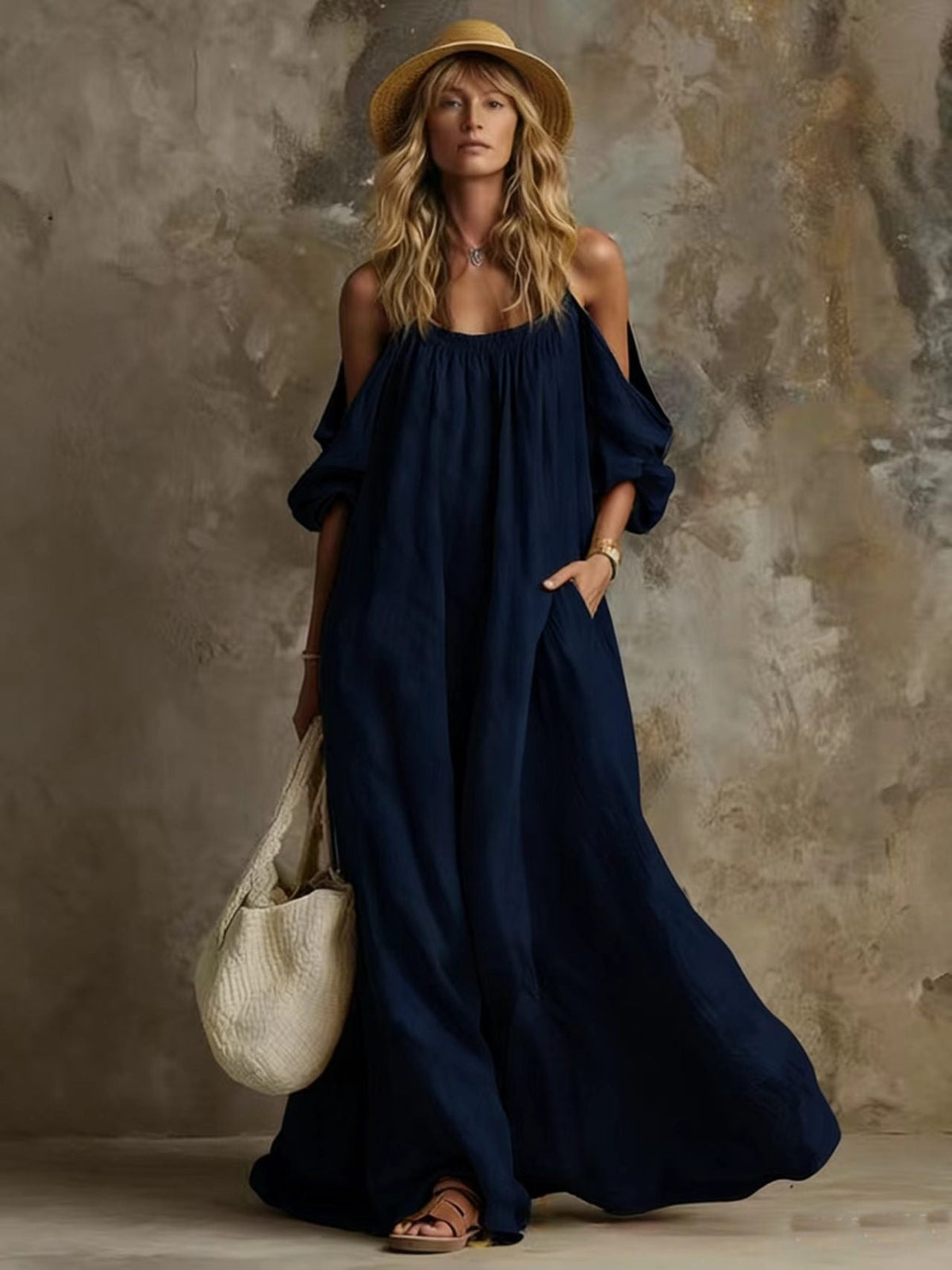 Robe longue caftan fluide blanche à manches bouffantes épaules dénudées avec poches