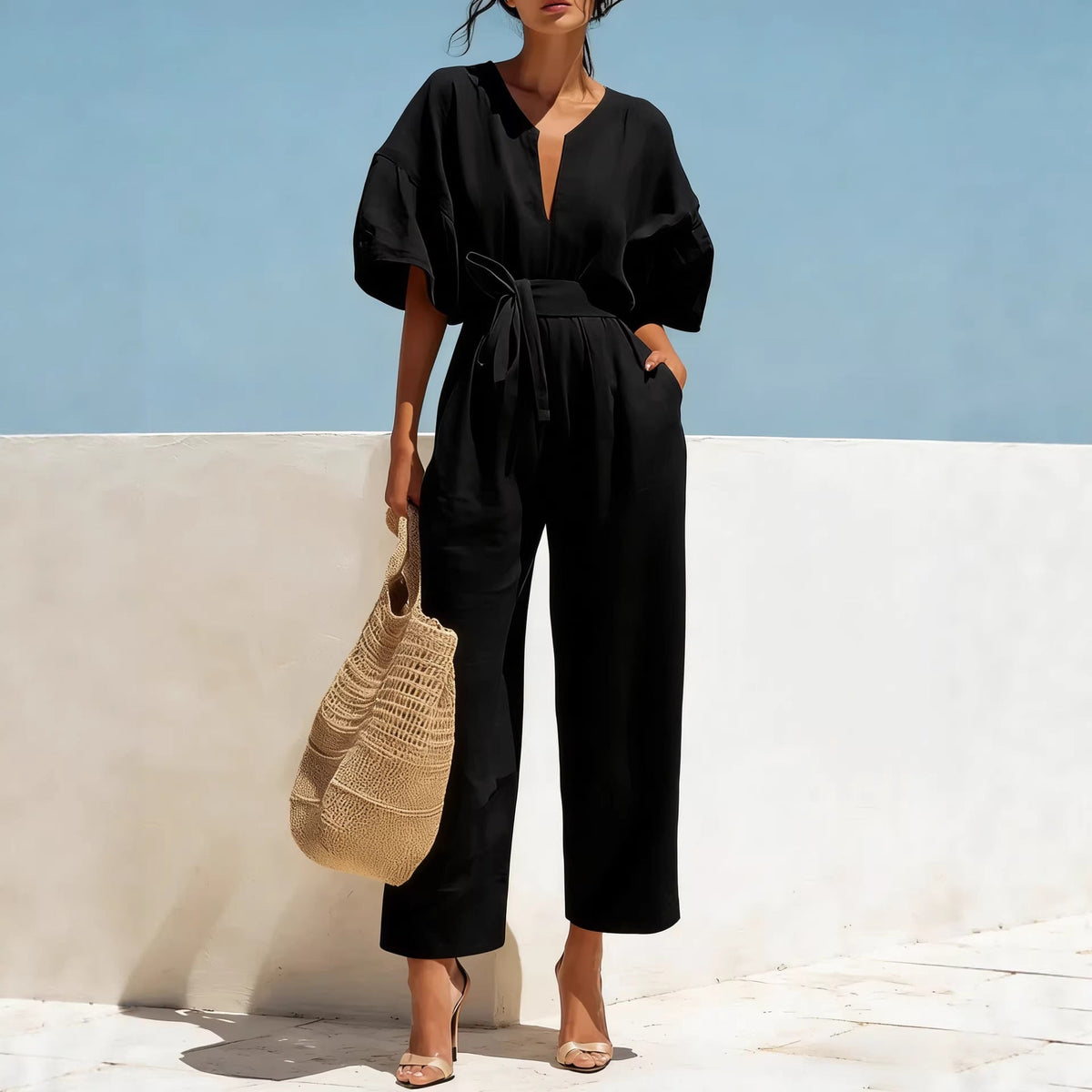 Combinaison décontractée en lin à manches lanterne pour femme