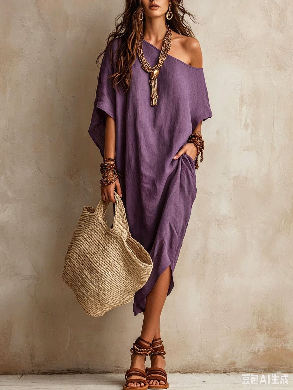 Robe femme coton et lin asymétrique ample manches chauve-souris mi-longue fendue pour les vacances