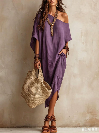 Robe femme coton et lin asymétrique ample manches chauve-souris mi-longue fendue pour les vacances