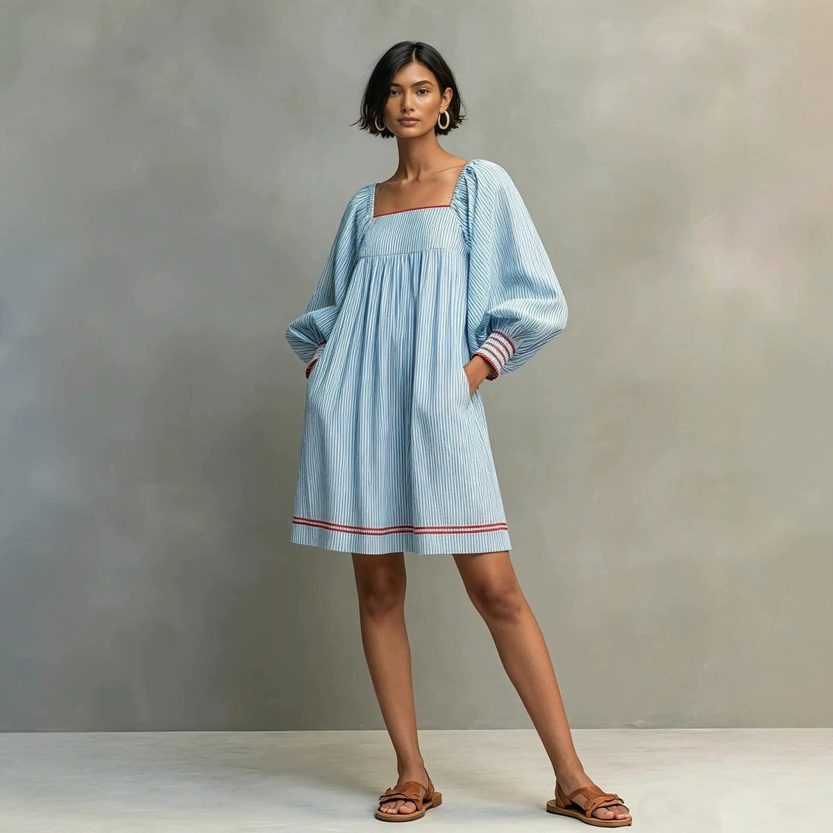 Mini-robe rayée à col carré et manches ballons
