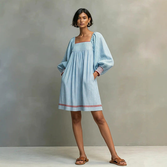 Mini-robe rayée à col carré et manches ballons