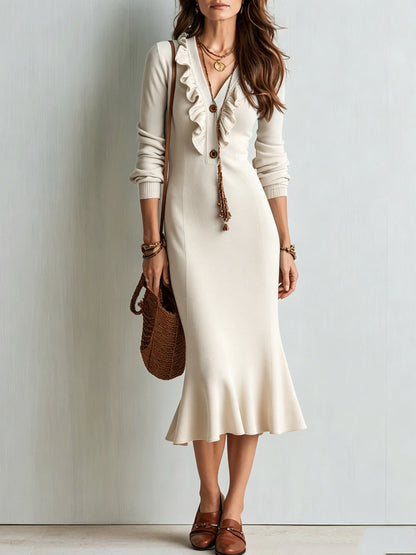 Robe midi en maille à encolure en V volantée et ourlet sirène