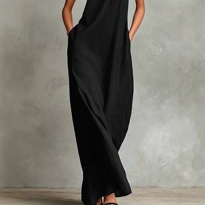 Robe longue sans manches en lin à col montant