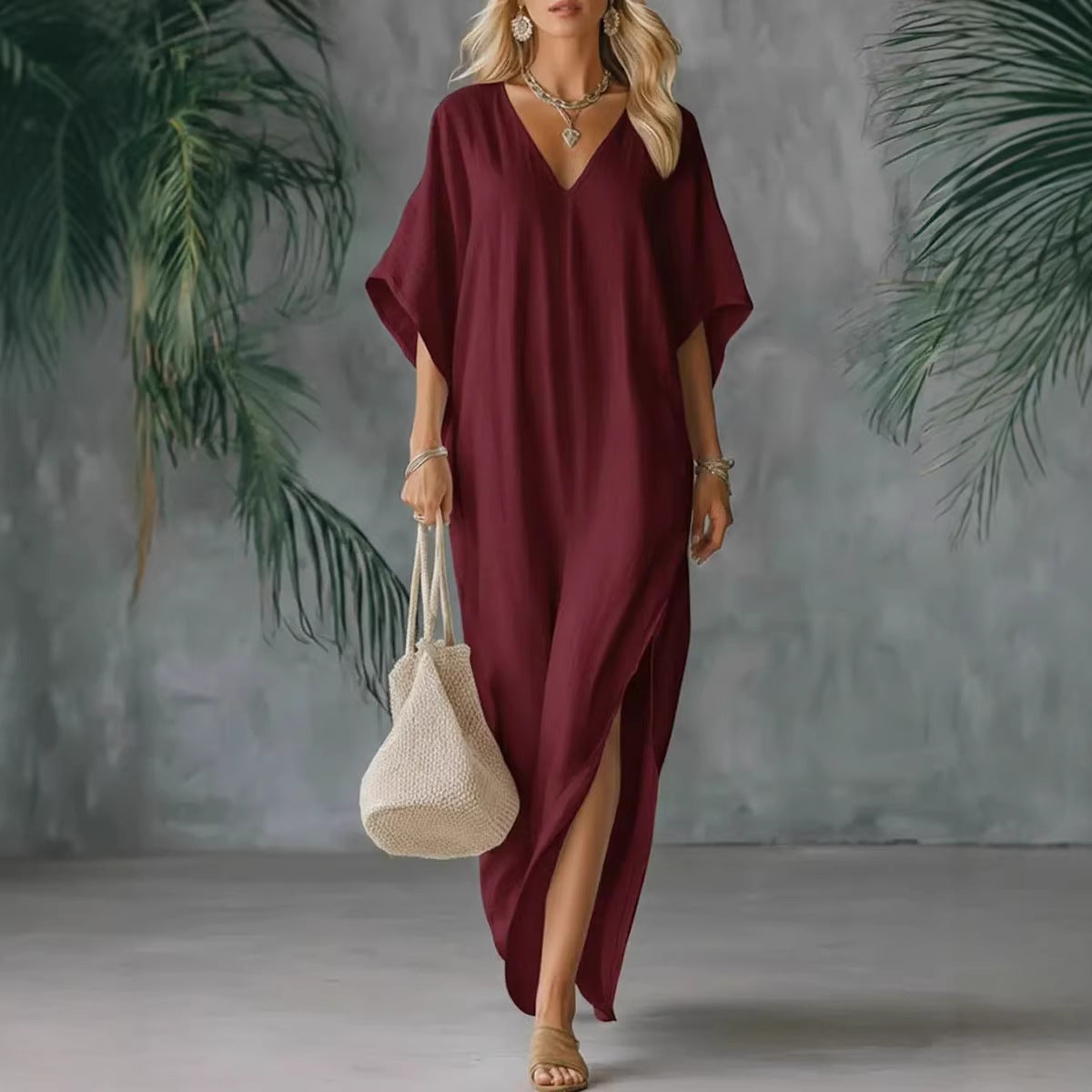 Robe longue caftan à col en V en mélange de lin
