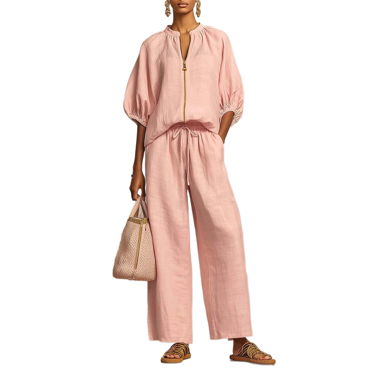 New arrival🔥 Two-piece linen and cotton set: stylish and comfortable zipped shirt and wide-leg trousers