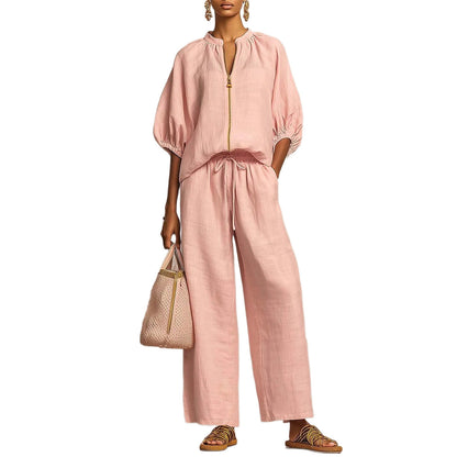 New arrival🔥 Two-piece linen and cotton set: stylish and comfortable zipped shirt and wide-leg trousers