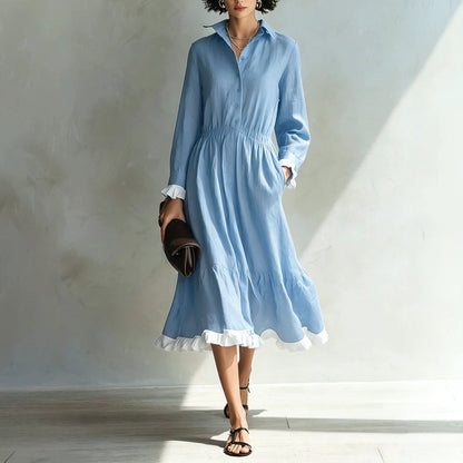 Robe chemise boutonnée avec volant blanc