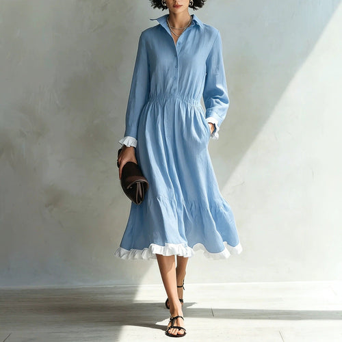 Robe chemise boutonnée avec volant blanc