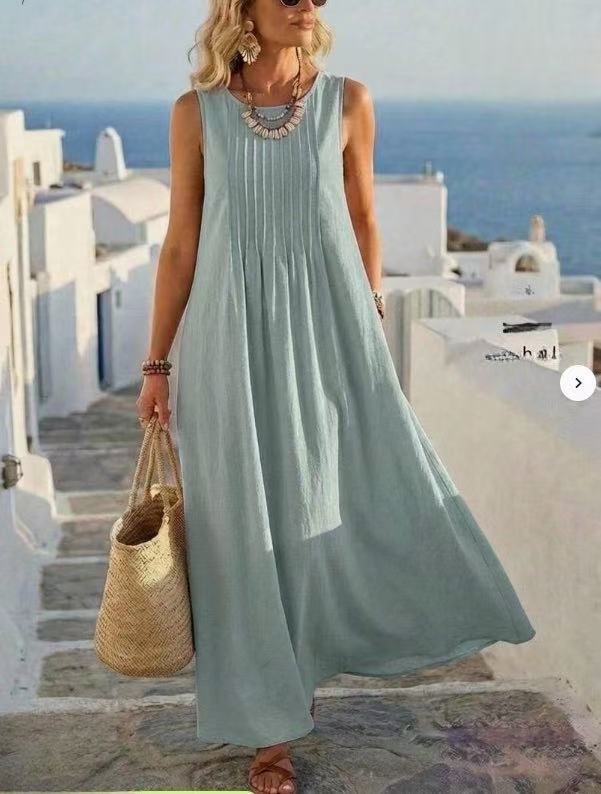 Robe longue de vacances plissée en mélange de lin avec poches