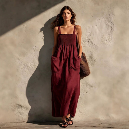 Robe longue smockée à encolure carrée et bretelles fines en mélange de lin avec poches