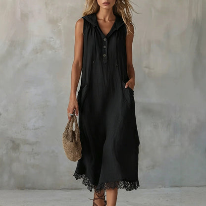 Robe midi sans manches en lin avec col, demi-bouton et ourlet en dentelle