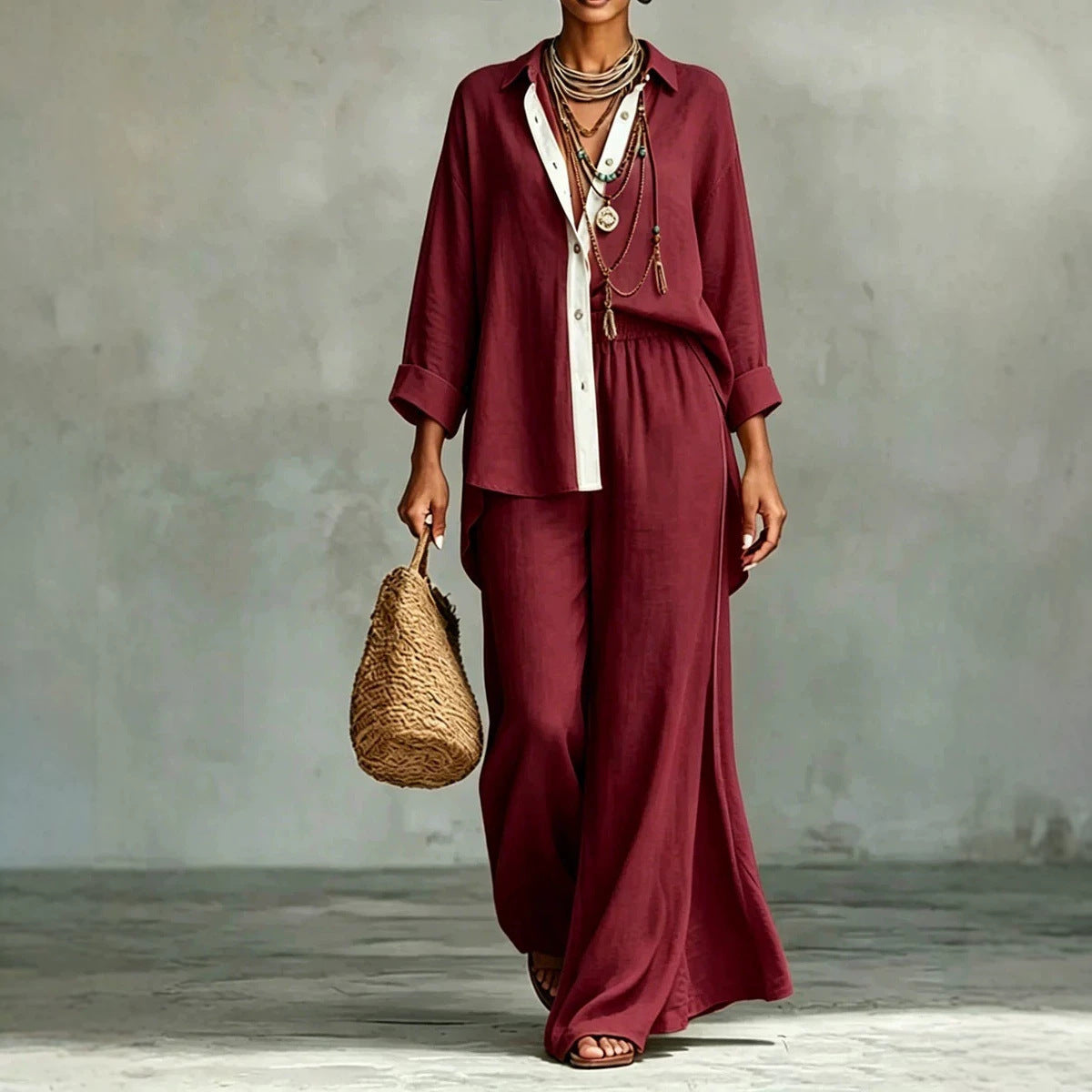 Ensemble 2 pièces chemise en lin et pantalon large à liseré contrastant