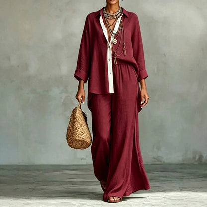 Ensemble 2 pièces chemise en lin et pantalon large à liseré contrastant