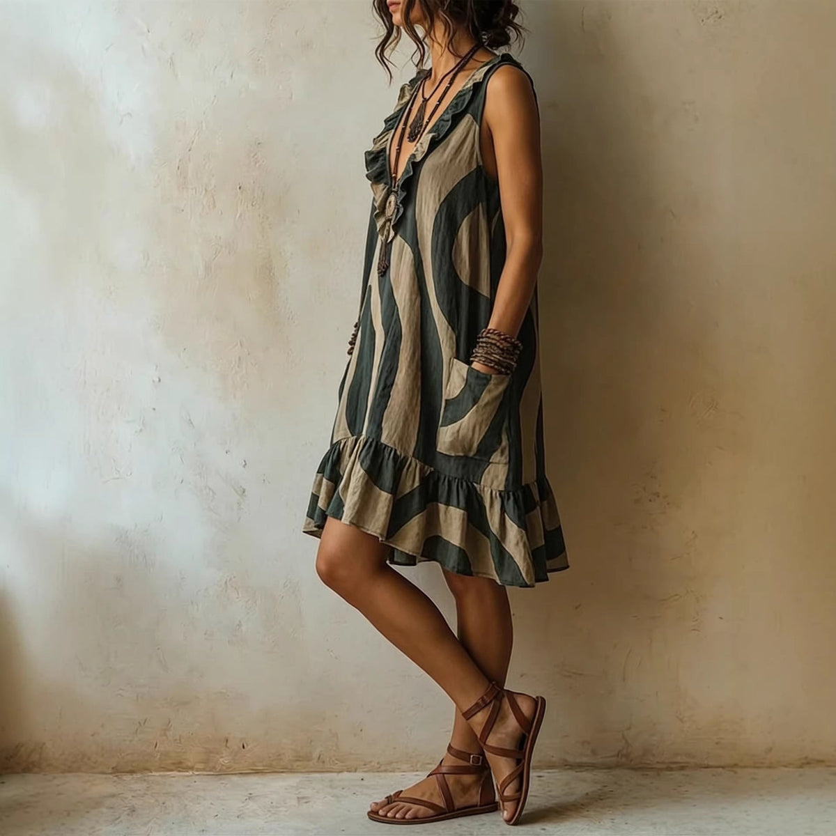 Robe courte en lin sans manches à imprimé vagues abstrait, col en V, volants et poches