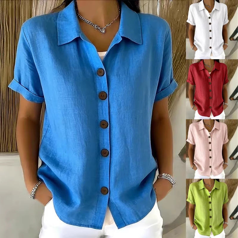Women's short-sleeved linen shirt, with turn-down collar