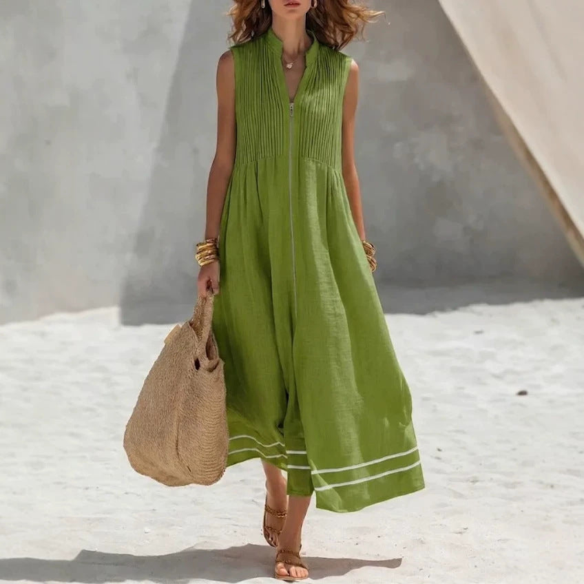 Robe midi sans manches en lin à col montant, plis et fermeture éclair sur le devant