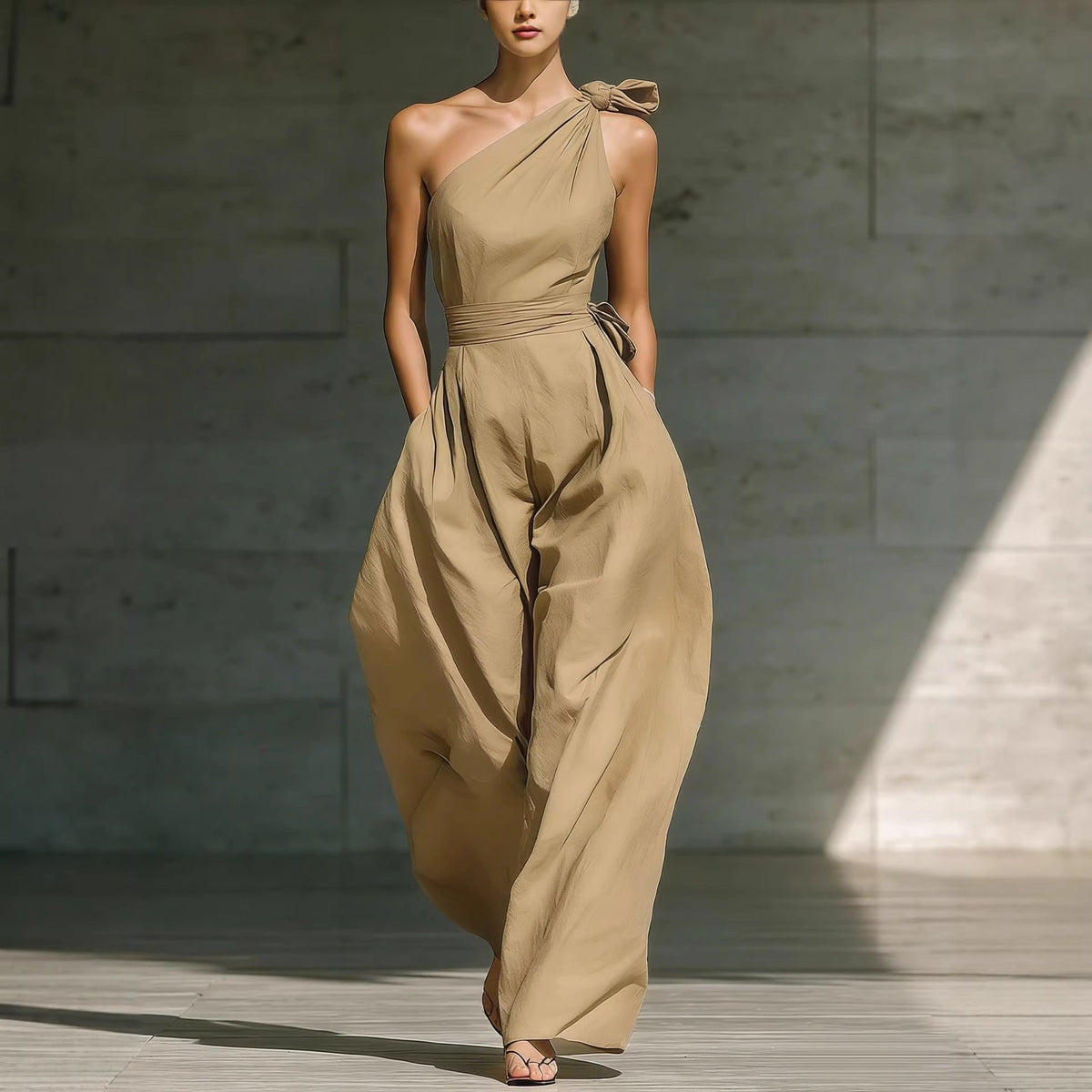 Asymmetric one-shoulder sleeveless jumpsuit with defined waist