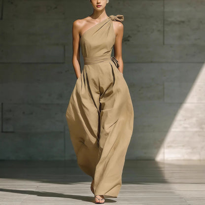Asymmetric one-shoulder sleeveless jumpsuit with defined waist