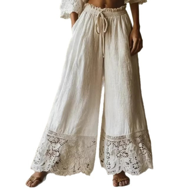 Pantalon large taille haute en coton et lin avec cordon de serrage et bordure en dentelle unie pour femme