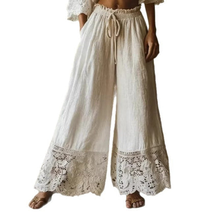 Pantalon large taille haute en coton et lin avec cordon de serrage et bordure en dentelle unie pour femme