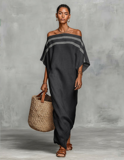 Robe longue caftan en lin à rayures, épaules dénudées et manches chauve-souris