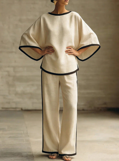 Ensemble deux pièces ample en coton et lin à col rond et manches chauve-souris élégant pour femme
