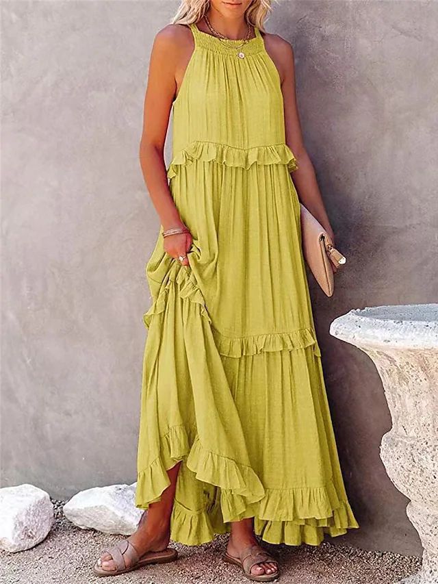 Robe longue fluide à volants et plusieurs niveaux, coupe halter