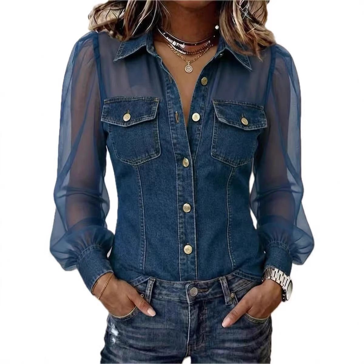 Chemisier à manches longues en jean patchwork et mousseline transparente à poche boutonnée décontracté pour femme