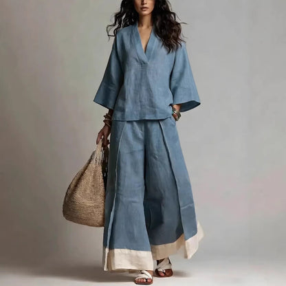 Ensemble chemise col V manches trois-quarts et pantalon large contrastant pour femme