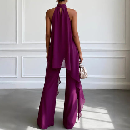 Ensemble pantalon deux-pièces patte large en mousseline de soie violet foncé élégant à col licou