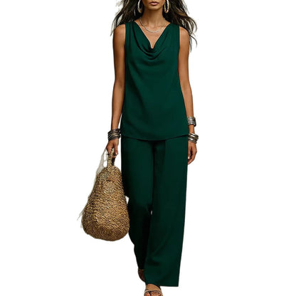 Ensemble deux pièces drapé sans effort - Haut sans manches à col bénitier et pantalon large