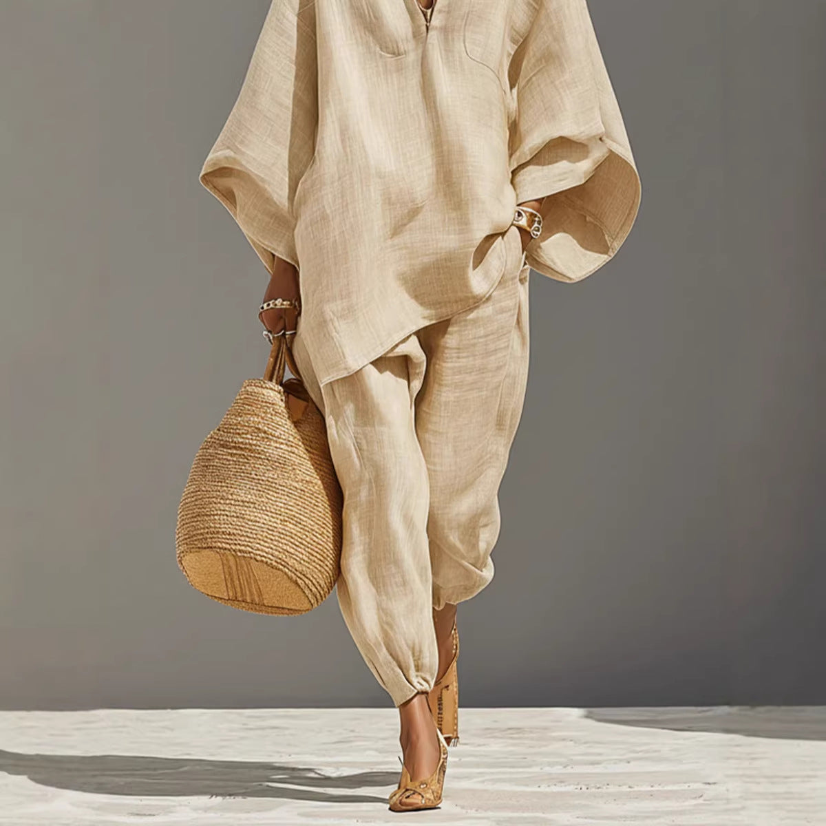Women's Neutral Linen Set with Asymmetrical Hem & Minimalist Design, Sophisticated Casual-Everyday Style Set