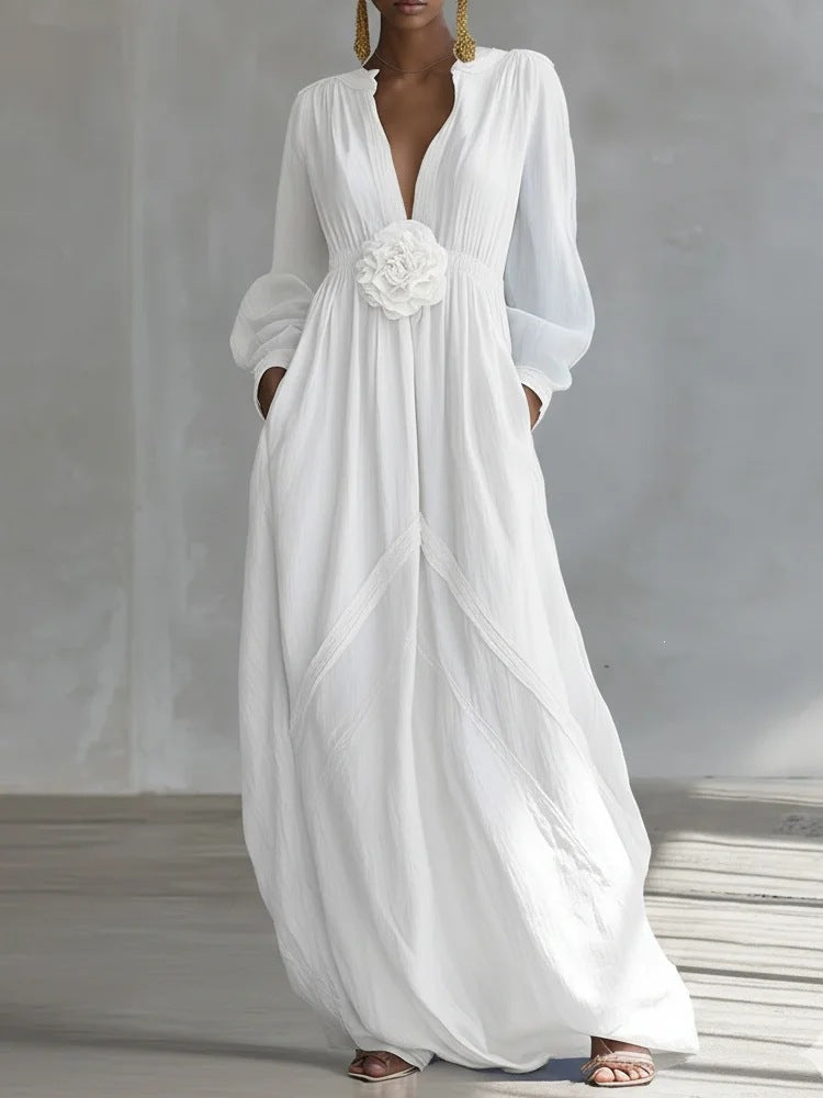 Robe de demoiselle d'honneur fluide en tissu texturé à manches longues bouffantes avec poches latérales