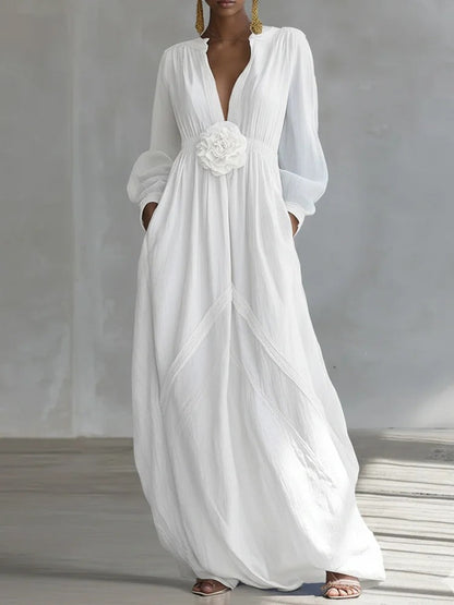 Robe de demoiselle d'honneur fluide en tissu texturé à manches longues bouffantes avec poches latérales