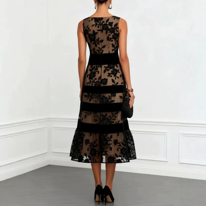 Robe midi sans manches en velours, dentelle florale noire et maille couleur chair