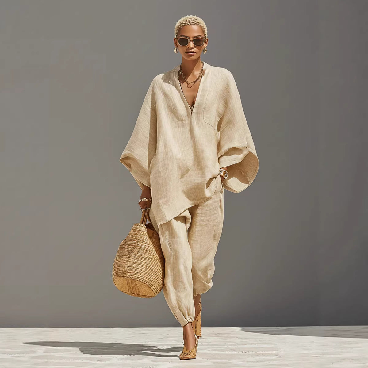Women's Neutral Linen Set with Asymmetrical Hem & Minimalist Design, Sophisticated Casual-Everyday Style Set