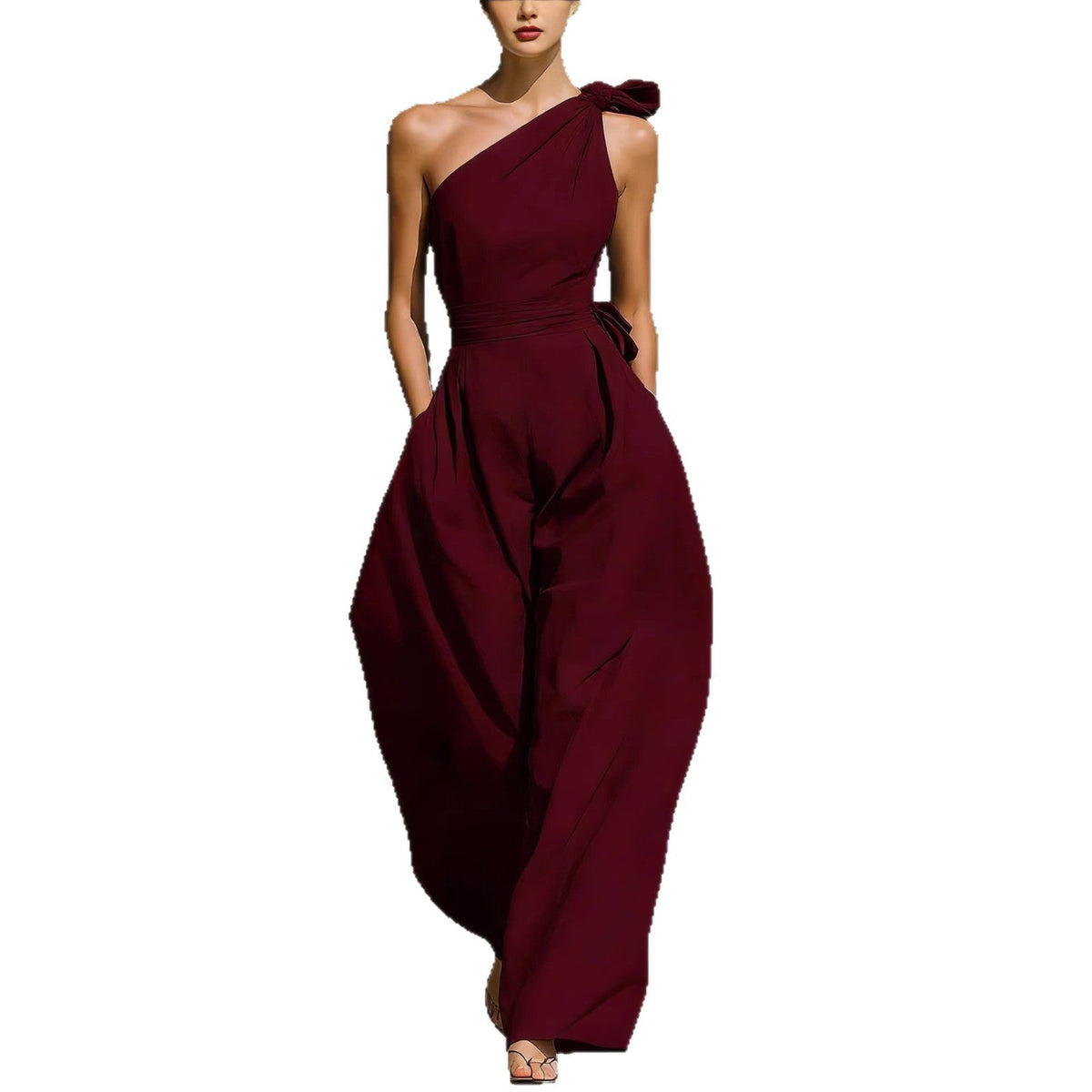 Asymmetric one-shoulder sleeveless jumpsuit with defined waist