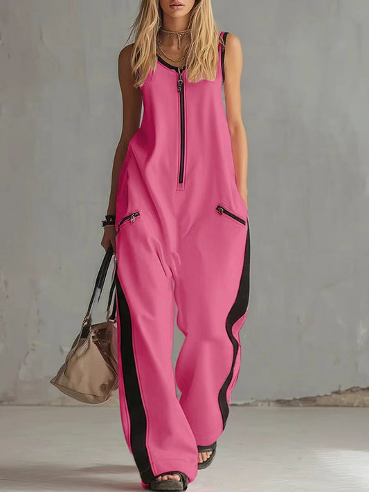 Combinaison Sans Manches Femme Bicolore - Jambes Larges Sporty avec Détail Fermeture Éclair (S-2XL)